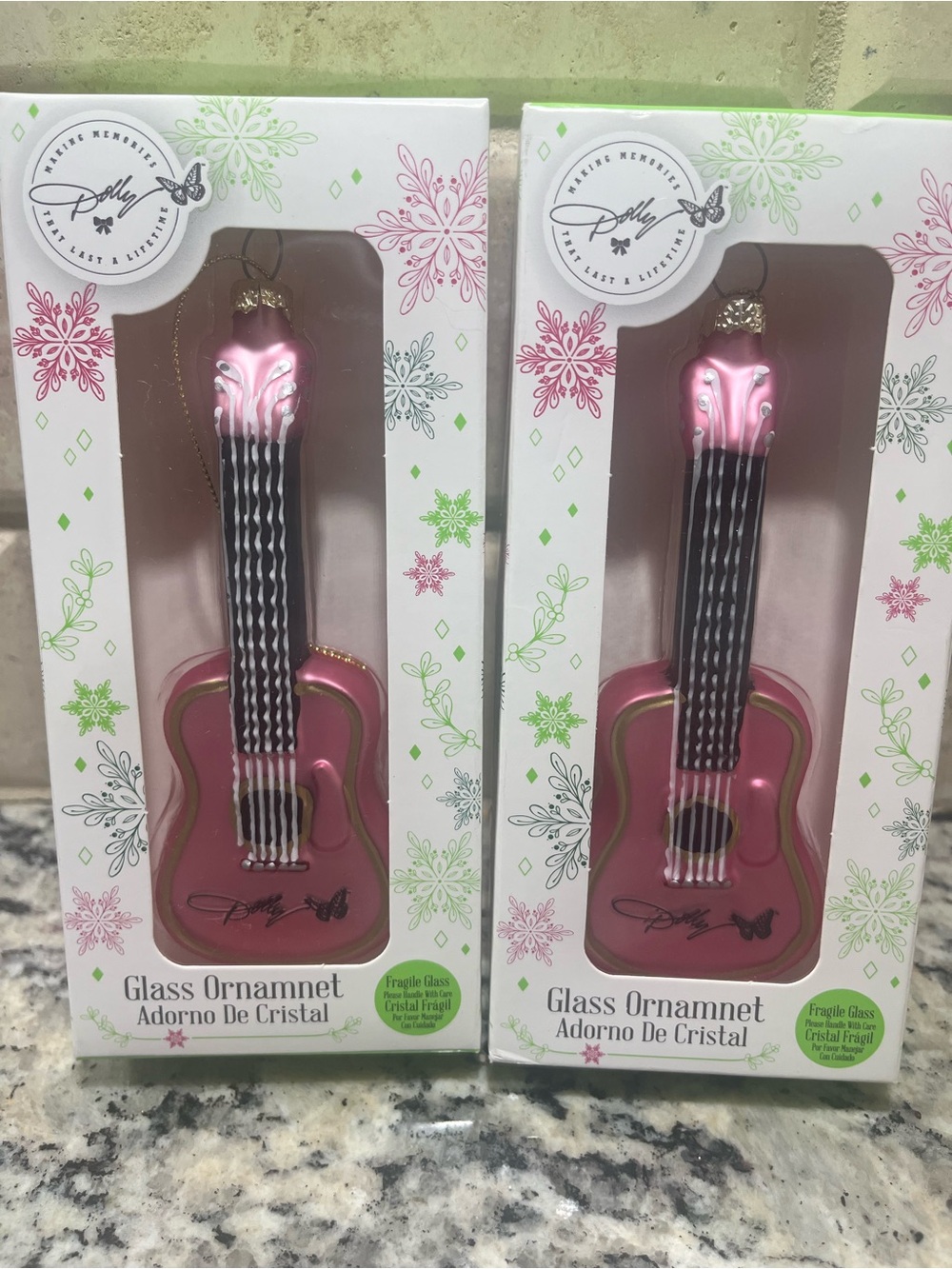 Dolly Parton Pink Glass Guitar Ornaments